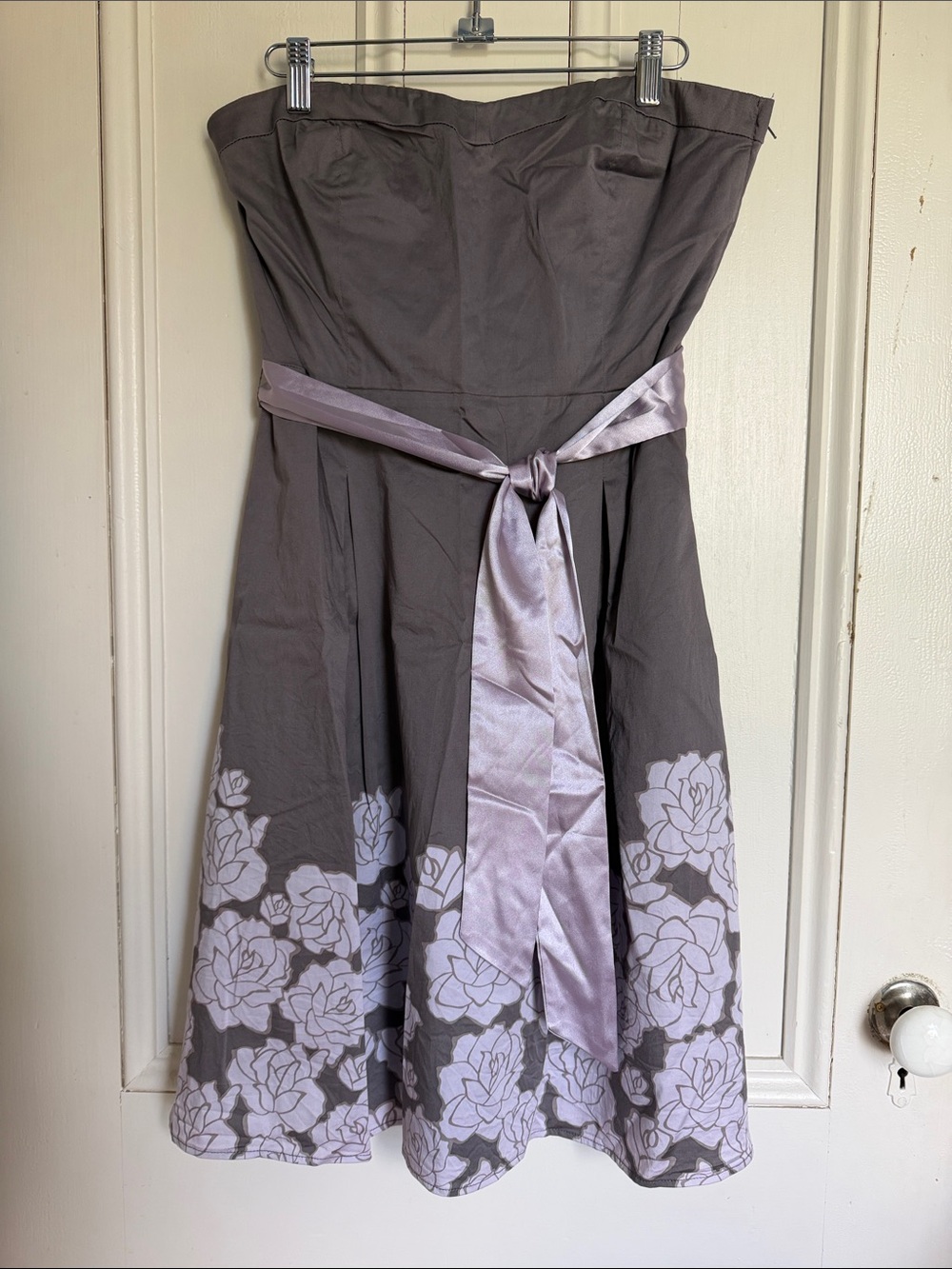 RW&CO. Strapless Gray Cotton Dress with Lilac Floral Border and Satin Sash.